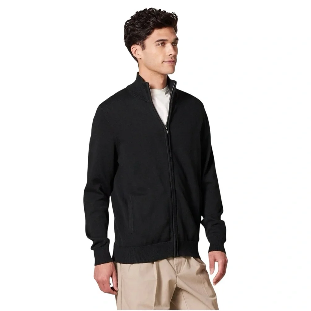 Amazon Essentials Men’s Full Zip Knit Sweater Mock Neck Small Cotton Black Work